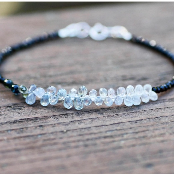 Natural Black Spinel, Tiny Briolette Blue Sapphire Bracelet Solid 14K White Gold - Picture 4 of 6